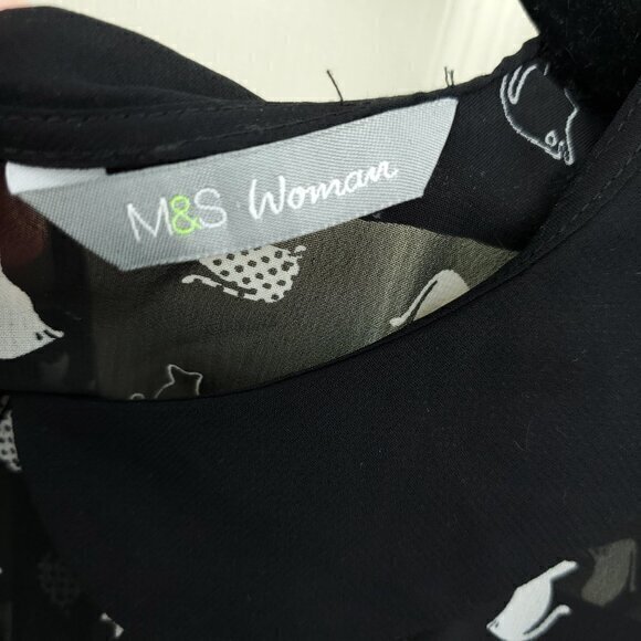 Marks & Spencer Sheer Cat-Print Peter Pan Collar Blouse Black US 8 Halloween - Picture 3 of 16